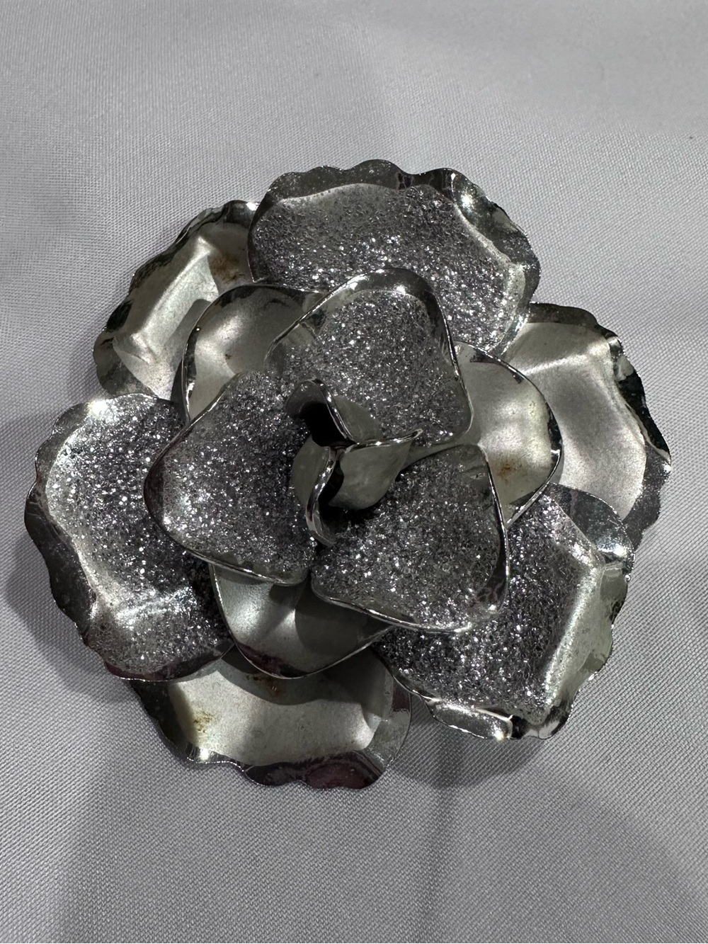 Vintage 50s Signed Coro Multi-Layer 3D Silver Rose Flower Brooch Pin